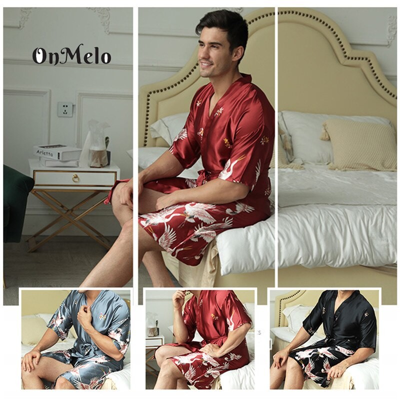 OnMelo Men Silk Summer Autumn Satin Kimono Bathrobe Golden Dragon Knee Length Long Sleeve Bath Robe Dressing Gown Sleepwear