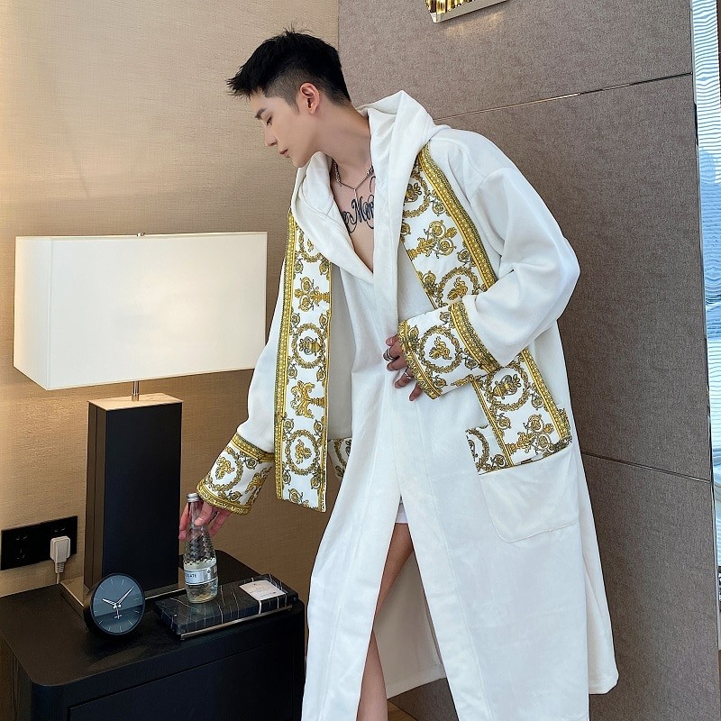 Men Winter Thick Velvet Long Robes Senior Palace Homewear Loose Relax Warm Loungewear Vintage Luxury Desige Soft Bathrobes