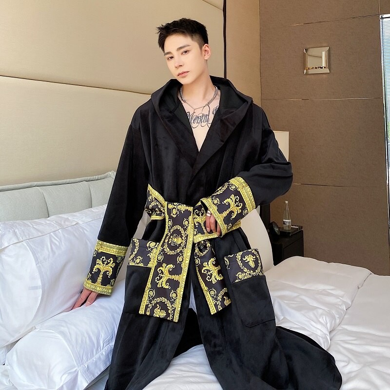 Men Winter Thick Velvet Long Robes Senior Palace Homewear Loose Relax Warm Loungewear Vintage Luxury Desige Soft Bathrobes