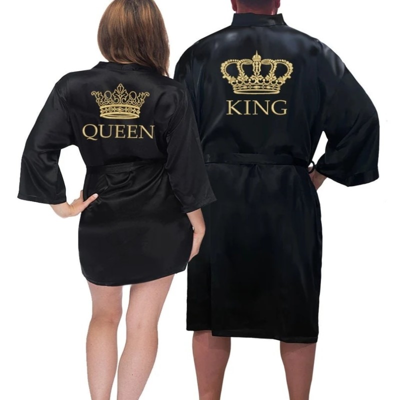 Customized Men's Bathrobe Silk Couple Set King and Queen Bath Robe Wifey and Hubby Robe Satin Valentine's Day Bathrobes Personal