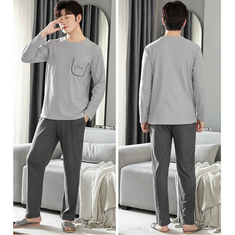 Cotton Korean Style 2 Pieces Pajamas for Men Breathable Homewear Autumn Simple Pyjama Comfortable Sleepwear Fashion Nightwear
