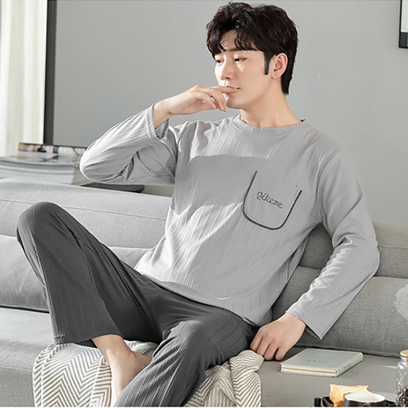 Cotton Korean Style 2 Pieces Pajamas for Men Breathable Homewear Autumn Simple Pyjama Comfortable Sleepwear Fashion Nightwear