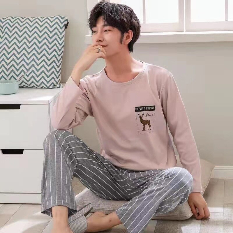 New Classic Men Pajamas Print Cartoon Srtiped Long Sleeve Autumn Sleepwear Male Fashion Stylish Clothes Sets