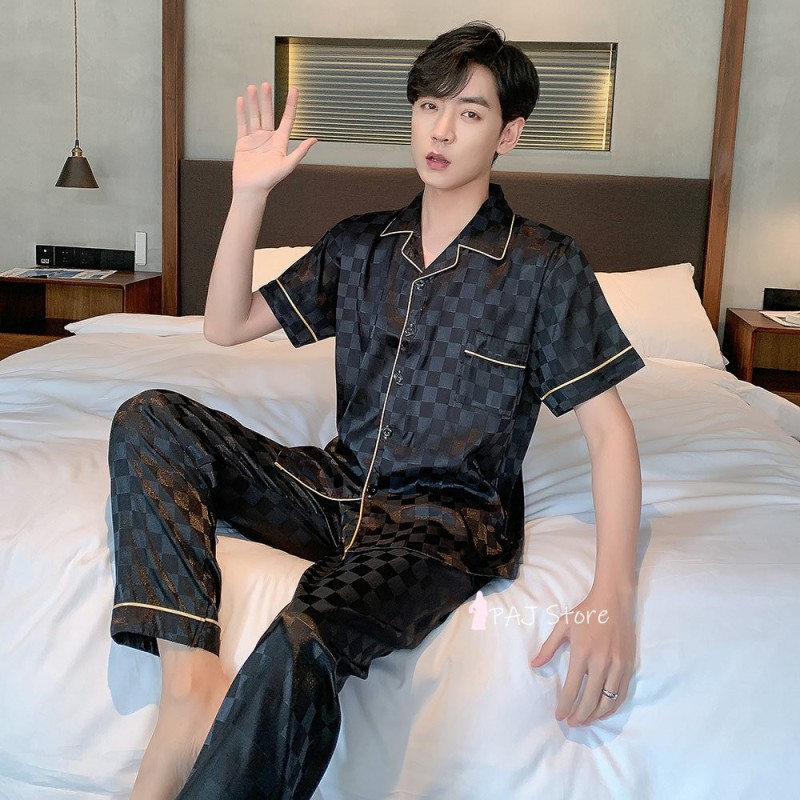 Pajamas for Man Short Plaid Silk Set Plus Size 6XL Pyjamas Summer Lounge Set  Men's Sleepwear Pajamas with Long Soft Pant