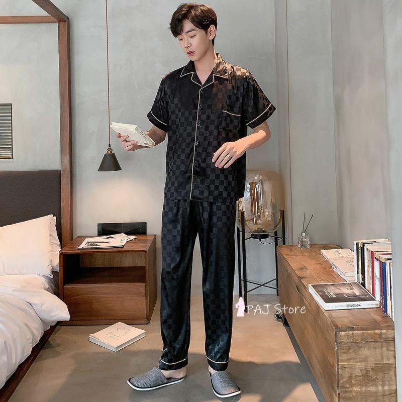 Pajamas for Man Short Plaid Silk Set Plus Size 6XL Pyjamas Summer Lounge Set  Men's Sleepwear Pajamas with Long Soft Pant