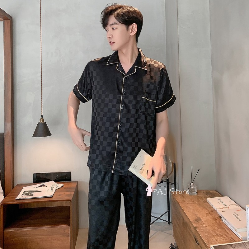 Pajamas for Man Short Plaid Silk Set Plus Size 6XL Pyjamas Summer Lounge Set  Men's Sleepwear Pajamas with Long Soft Pant