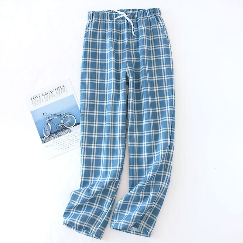 Men's Cotton Gauze Trousers Plaid Knitted Sleep Pants Mens Homewear Pants Bottoms Sleepwear Full Length Pants Men Sleep Bottoms