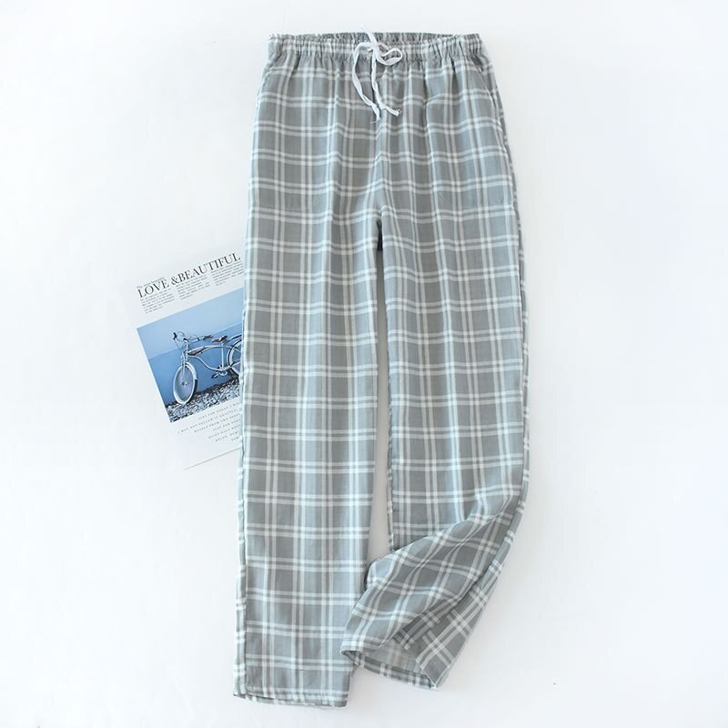 Men's Cotton Gauze Trousers Plaid Knitted Sleep Pants Mens Homewear Pants Bottoms Sleepwear Full Length Pants Men Sleep Bottoms