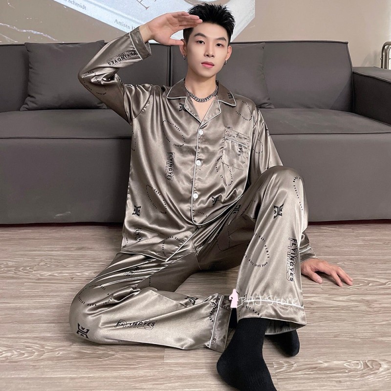 Men Silk Satin Pajamas Set Pajama Man Sleepwear Set Large Size  Long Sleeve Loungewear Oversize Pajamas 7XL Pyjamas Home Suit