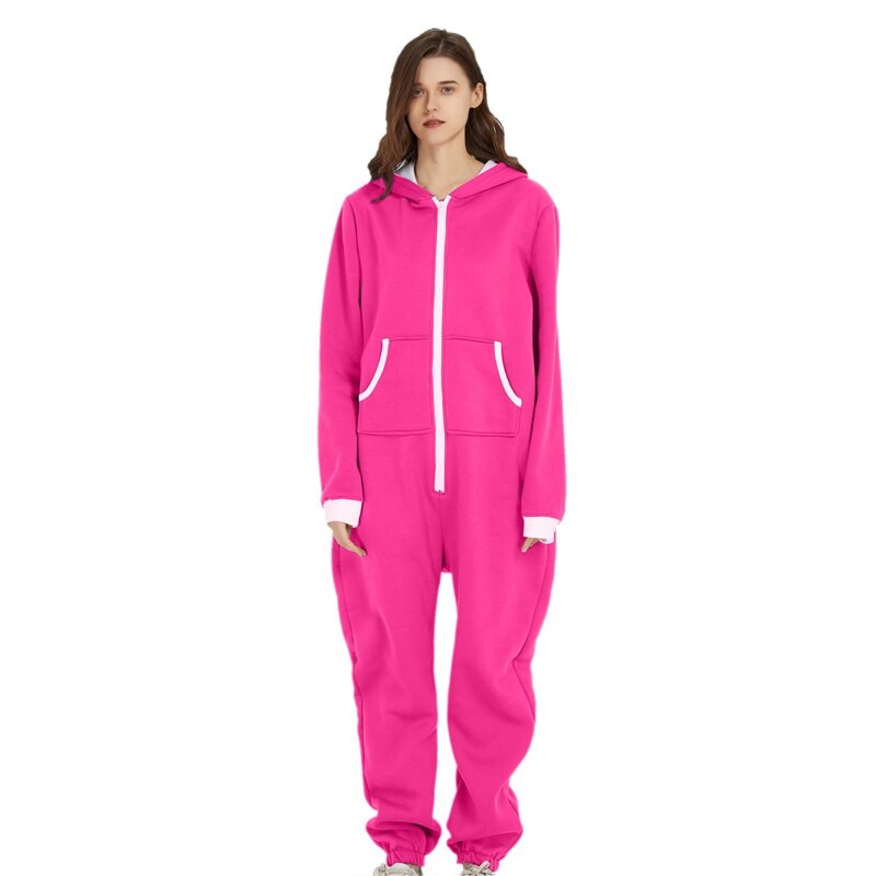 Unisex Sleepwear Jumsuits Hooded Pockets  Zipper Onesies One Piece Solid Pajamas Homewear Long Sleeve Nightwear  Casual Pyjamas