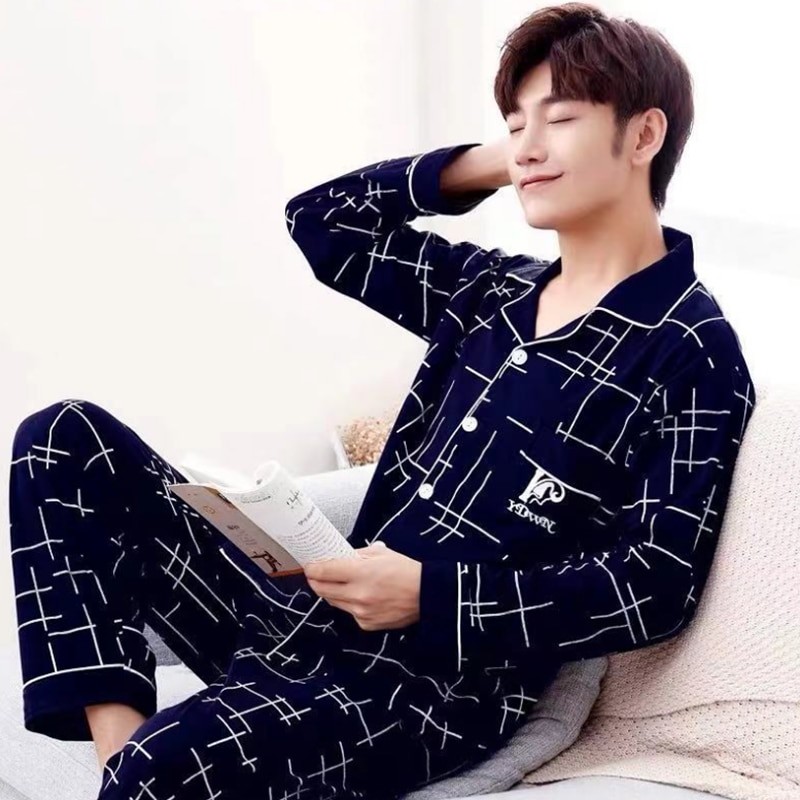 2022 Summer Casual Striped Cotton Pajama Sets for Men Short Sleeve Long Pants Sleepwear Pyjama Male Homewear Lounge Wear Clothes