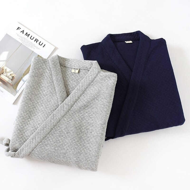 Cotton Air Layer Nightgown Men's Autumn/Winter Japanese-style Grey Bathrobes Quilted Kimono Three-layer Warm Robes for Men