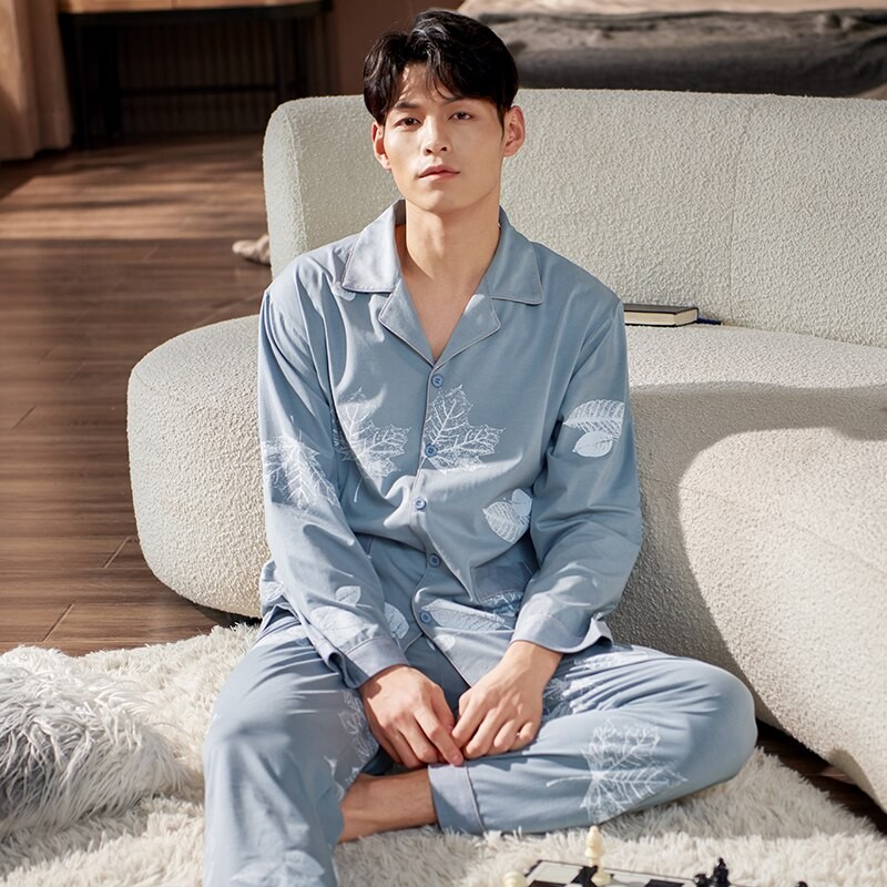 Men Pyjama Set Modal Cotton Spring Long Sleeve Maple Leaf Print Men Pajama Suit Nightwear Lapel Collar Pijama Male Sleepwear 3XL