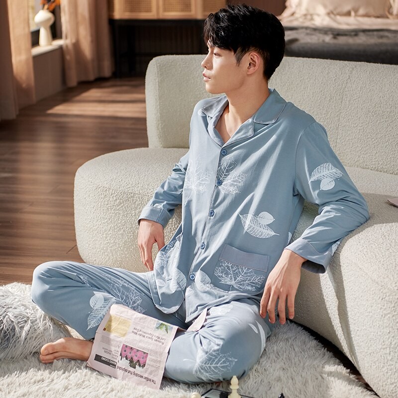 Men Pyjama Set Modal Cotton Spring Long Sleeve Maple Leaf Print Men Pajama Suit Nightwear Lapel Collar Pijama Male Sleepwear 3XL