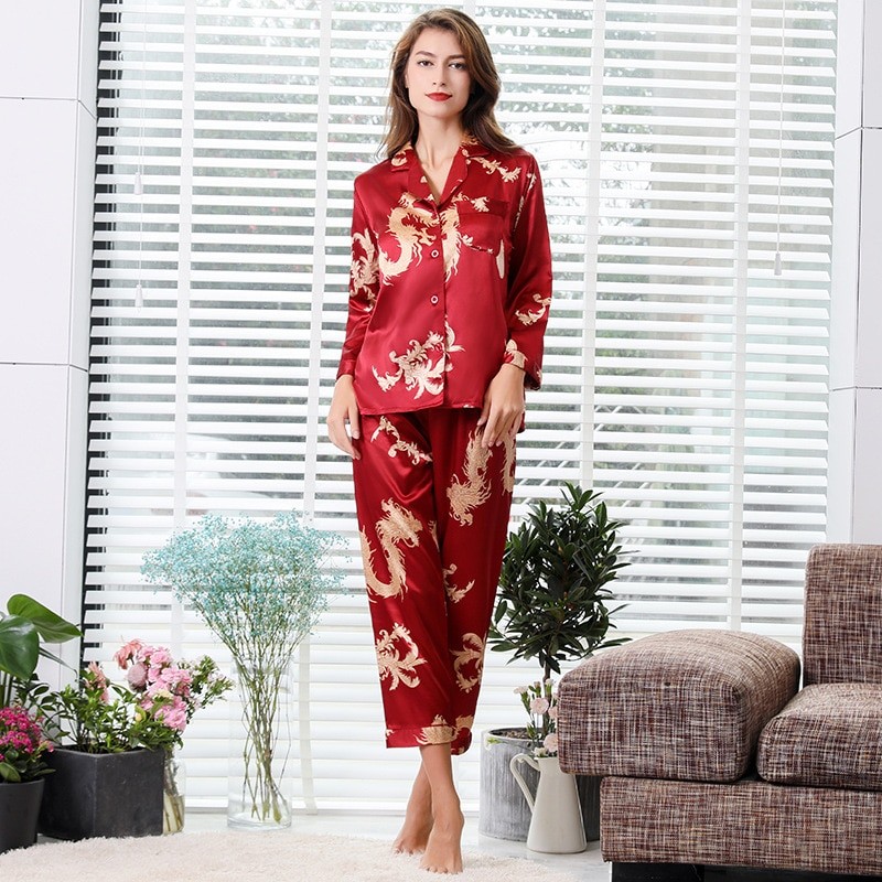 Summer Couple Thin Long Sleeve Nightgown Silk Pajamas for Men Sleepwear Mens Pajama Set and Women Pajamas Set Mansleepwear