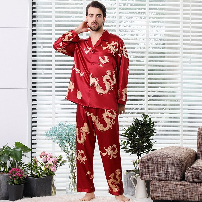 Summer Couple Thin Long Sleeve Nightgown Silk Pajamas for Men Sleepwear Mens Pajama Set and Women Pajamas Set Mansleepwear