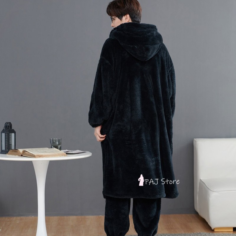 Winter Men's Nightgown Long Sleeve Nightgown Robe 6XL Oversized Thick Warm Flannel Kimono Bathrobe Set Coral Home Clothes