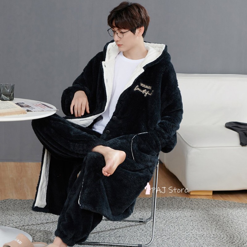 Winter Men's Nightgown Long Sleeve Nightgown Robe 6XL Oversized Thick Warm Flannel Kimono Bathrobe Set Coral Home Clothes