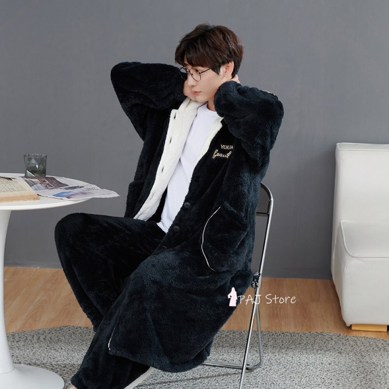 Winter Men's Nightgown Long Sleeve Nightgown Robe 6XL Oversized Thick Warm Flannel Kimono Bathrobe Set Coral Home Clothes