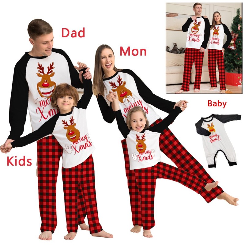 Xmas Family Pajamas Suit Adults Kids Baby Red Christmas Sleepwear Suit Long Sleeve Pullover Elk Print Tops Red Black Plaid Pants