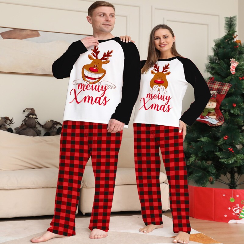 Xmas Family Pajamas Suit Adults Kids Baby Red Christmas Sleepwear Suit Long Sleeve Pullover Elk Print Tops Red Black Plaid Pants