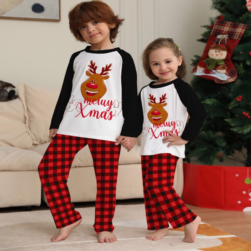 Xmas Family Pajamas Suit Adults Kids Baby Red Christmas Sleepwear Suit Long Sleeve Pullover Elk Print Tops Red Black Plaid Pants