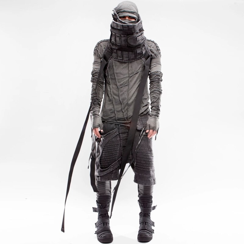 PFNW Spring Autumn New Men's Vintage Asymmetrical Pleated Vest Chic Warm Handsome Outdoor Cut Profile High Neck Scarves 12A8230