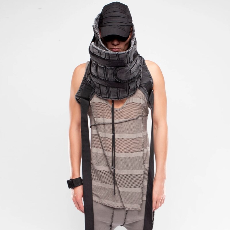 PFNW Spring Autumn New Men's Vintage Asymmetrical Pleated Vest Chic Warm Handsome Outdoor Cut Profile High Neck Scarves 12A8230