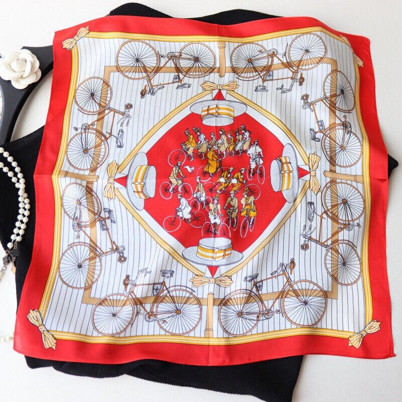 100% Silk Scarf Small Bandana Man Women Fashion Human Bike Print Neckerchief Stylish Headband 53*53cm