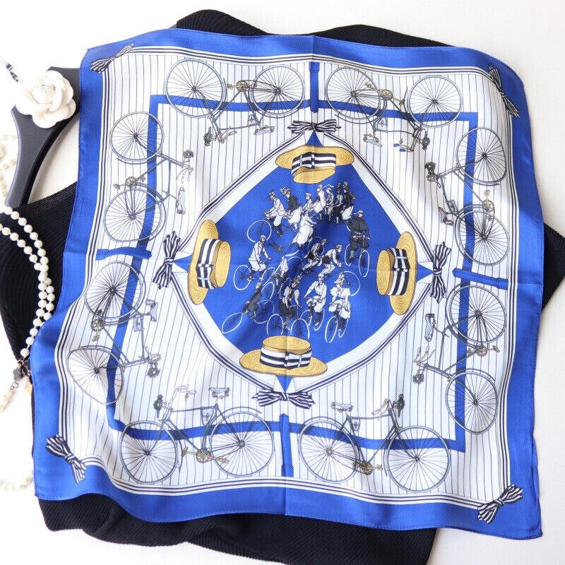 100% Silk Scarf Small Bandana Man Women Fashion Human Bike Print Neckerchief Stylish Headband 53*53cm