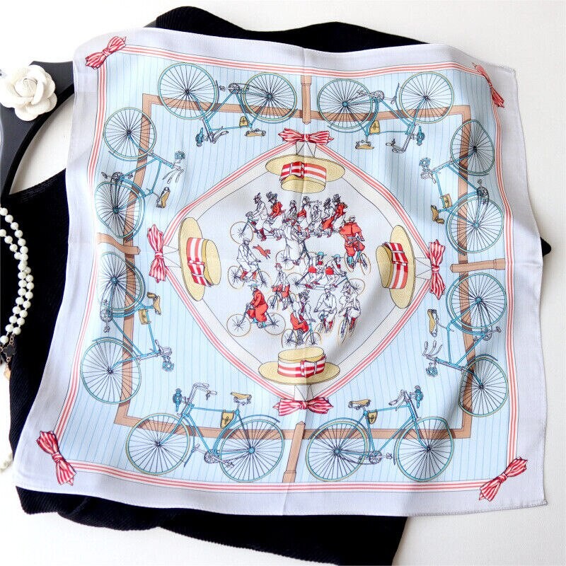 100% Silk Scarf Small Bandana Man Women Fashion Human Bike Print Neckerchief Stylish Headband 53*53cm