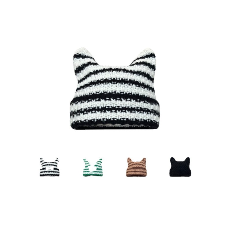 New Japanese Beanie Hat Ins Little Devil Striped Knitted Wool Cap Autumn and Winter Cute Cat Ears Pointed Pullover Women's Hats