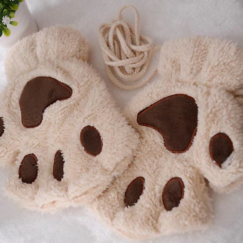 New Cat Paw Gloves Winter Cute Cartoon Girl Open Finger Gloves Thickened Fluffy Bear Paw Half Finger Gloves