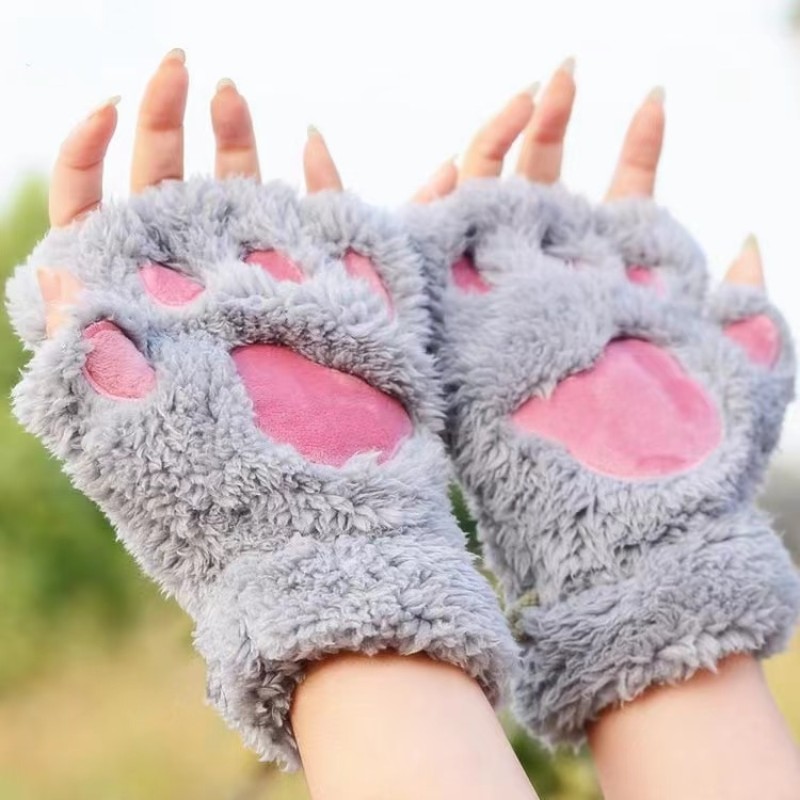 New Cat Paw Gloves Winter Cute Cartoon Girl Open Finger Gloves Thickened Fluffy Bear Paw Half Finger Gloves