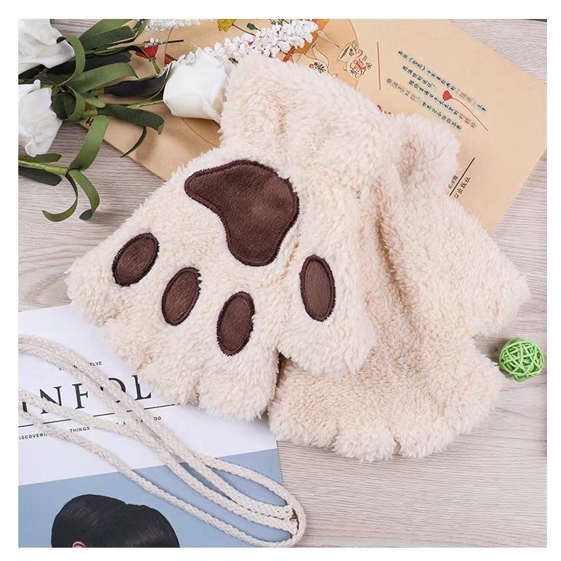New Cat Paw Gloves Winter Cute Cartoon Girl Open Finger Gloves Thickened Fluffy Bear Paw Half Finger Gloves