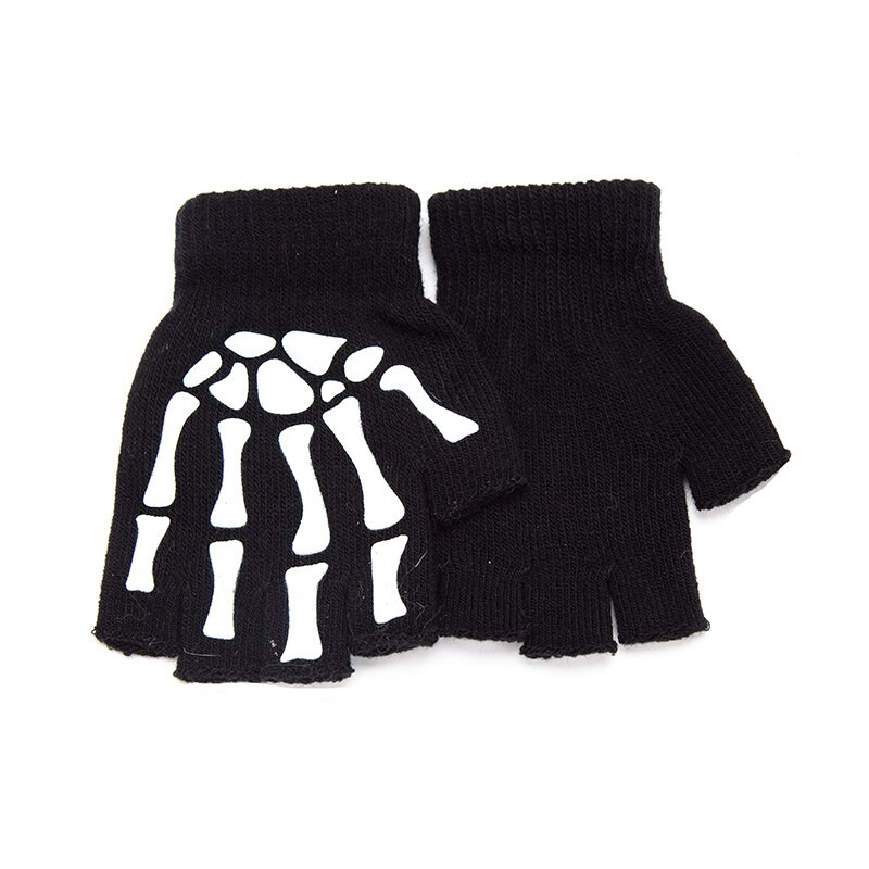 New Adult Kids Halloween Skeleton Skull Half Finger Luminous Punk Gloves Winter Skull Fingerless Black Mitten