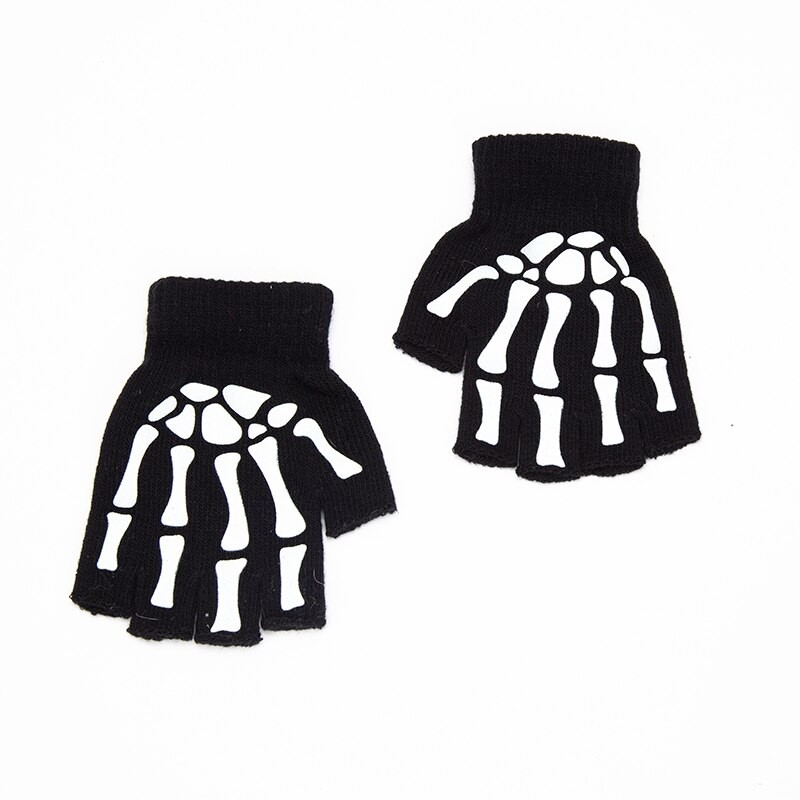 New Adult Kids Halloween Skeleton Skull Half Finger Luminous Punk Gloves Winter Skull Fingerless Black Mitten