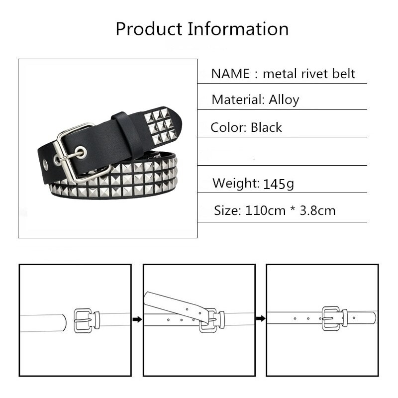Women Belt Punk Hardware Jeans Belt Square Beads Rivet Belt Black Harajuku Waistband Eyelet Pin Buckle Men Metal Decoration Belt