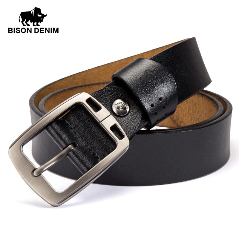 BISON DENIM Men's Belts Cowhide Genuine Leather Pin Buckle Belts Jeans Male Vintage Waistband Strap Leather Belt For Men N70781