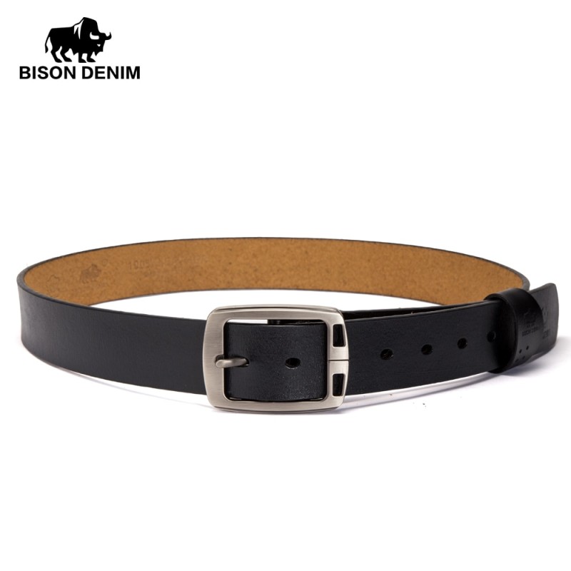 BISON DENIM Men's Belts Cowhide Genuine Leather Pin Buckle Belts Jeans Male Vintage Waistband Strap Leather Belt For Men N70781