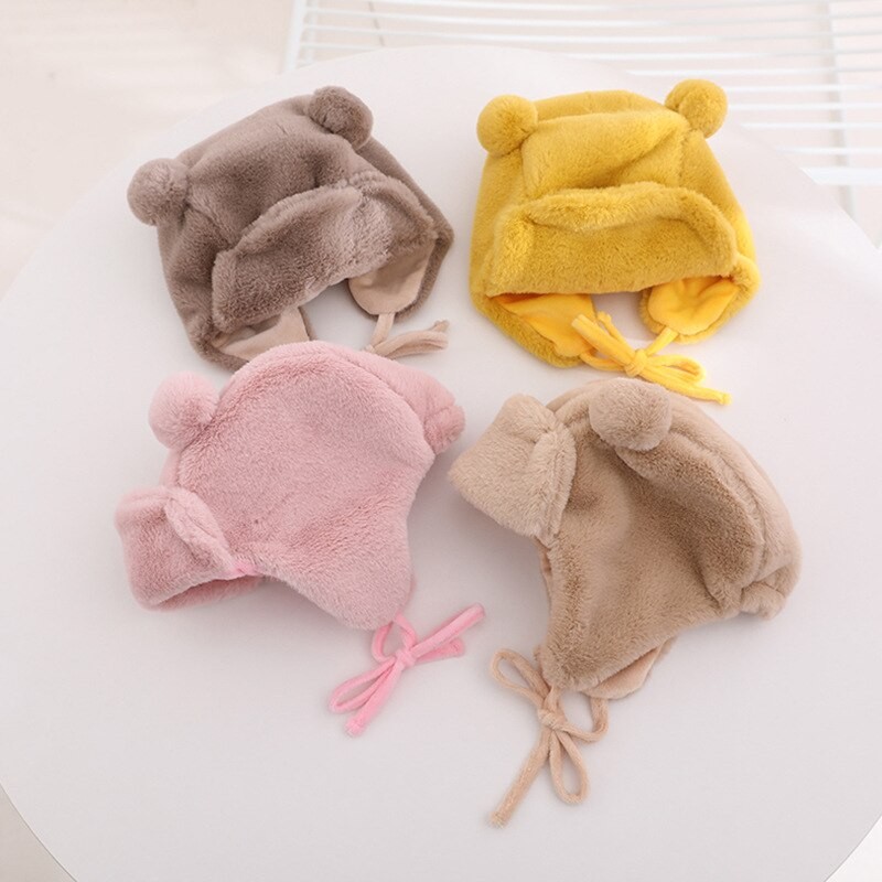 Soft Warm Baby Lambswool Hats For Toddler Children Cute Bear Ears Kids Boys Girls Autumn Winter Adjustable Caps