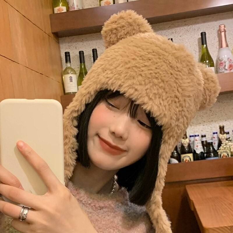 Bear Ear Hat Bomber Hat Bear Earflap Bear Ski Hat Winter warm Hooded Hat Plush Trapper Hat Fleece Earflap Hat 3XUA