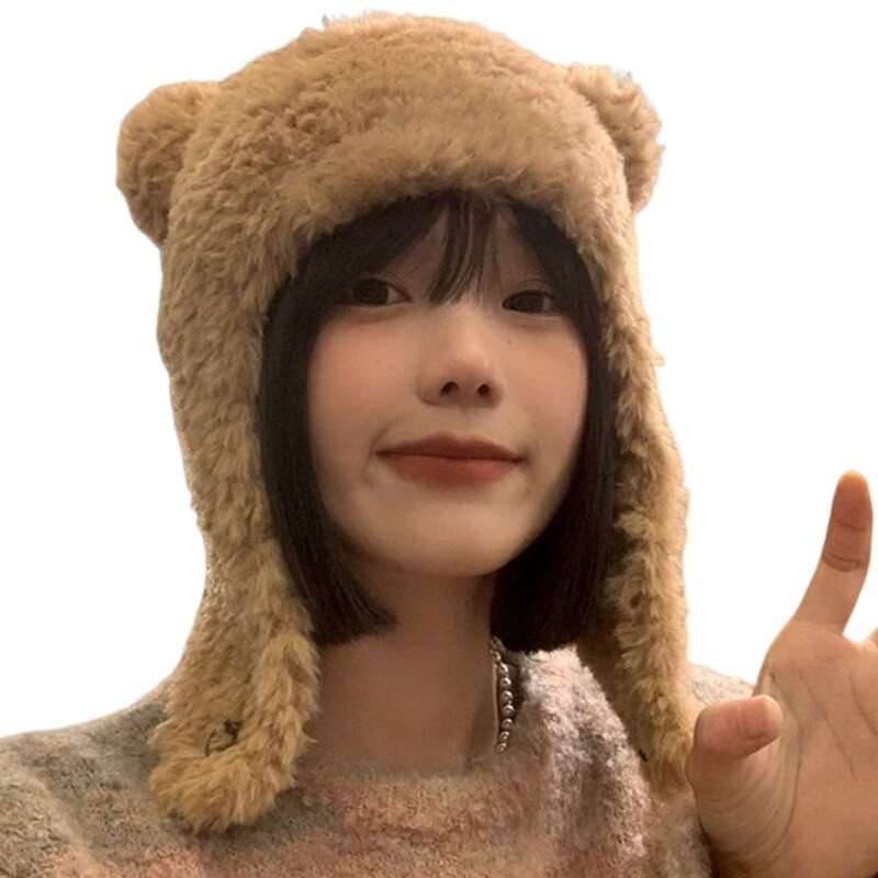 Bear Ear Hat Bomber Hat Bear Earflap Bear Ski Hat Winter warm Hooded Hat Plush Trapper Hat Fleece Earflap Hat 3XUA