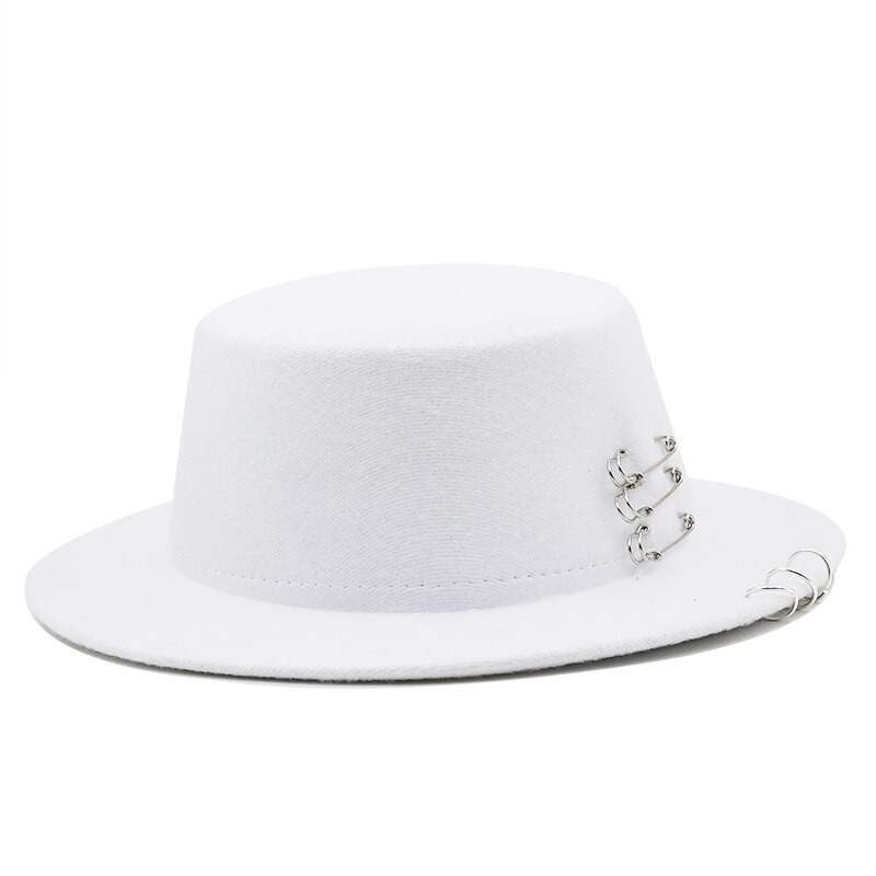 New Retro Winter Autumn women men flat brim Top hat Imitation Woolen ring Fedora Hats Belt buckle Decorated ladies Boater Hat