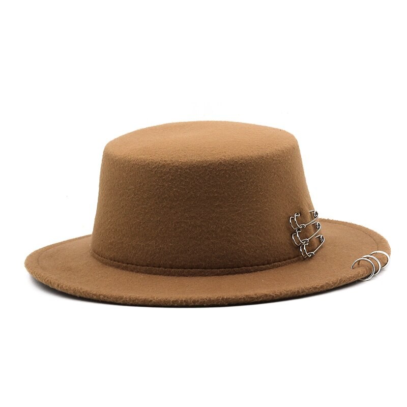 New Retro Winter Autumn women men flat brim Top hat Imitation Woolen ring Fedora Hats Belt buckle Decorated ladies Boater Hat