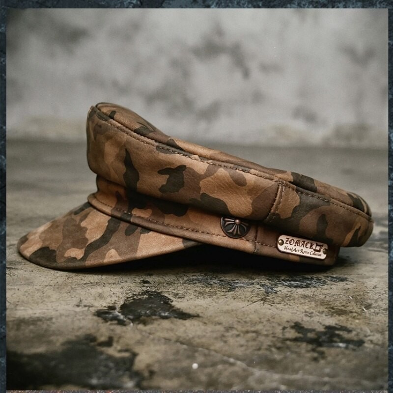 Genuine Leather Fishermen Cap Camouflage Badges Motorcycle Sailor Military Style Unisex Hat