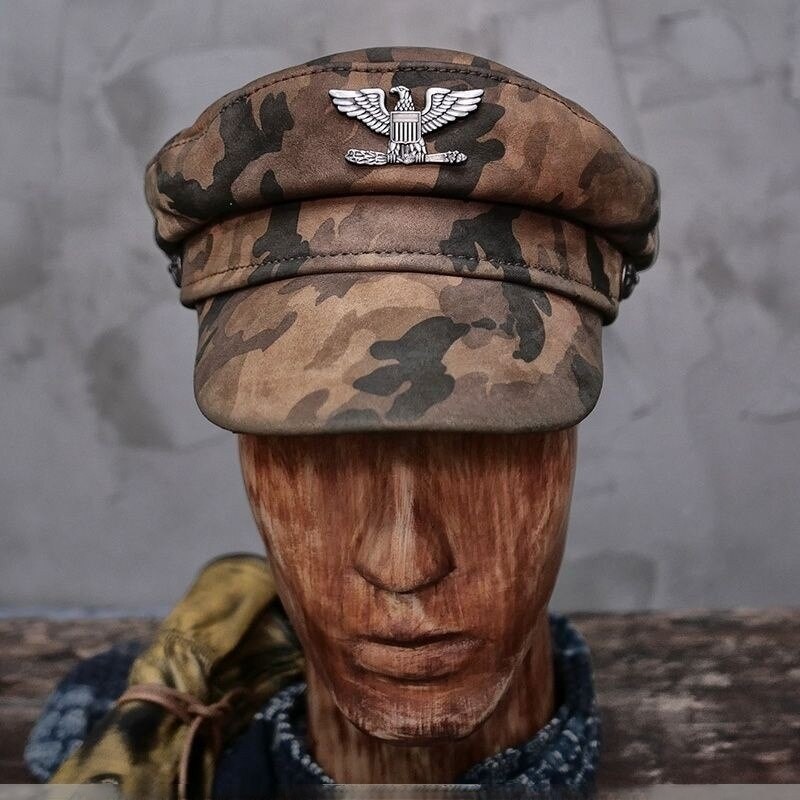 Genuine Leather Fishermen Cap Camouflage Badges Motorcycle Sailor Military Style Unisex Hat