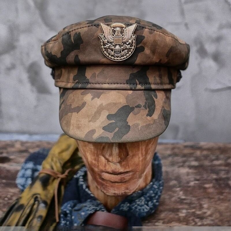 Genuine Leather Fishermen Cap Camouflage Badges Motorcycle Sailor Military Style Unisex Hat