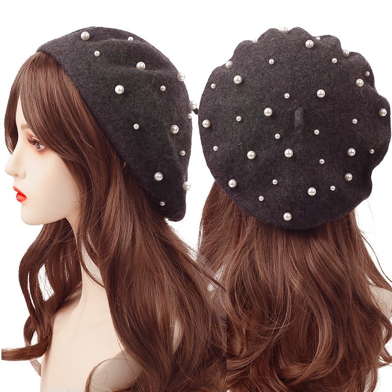 Women Girl New Fashion Winter Warm French Pearl Beret Hat Elegant Beanie Caps Solid Color Casual Autumn Hat