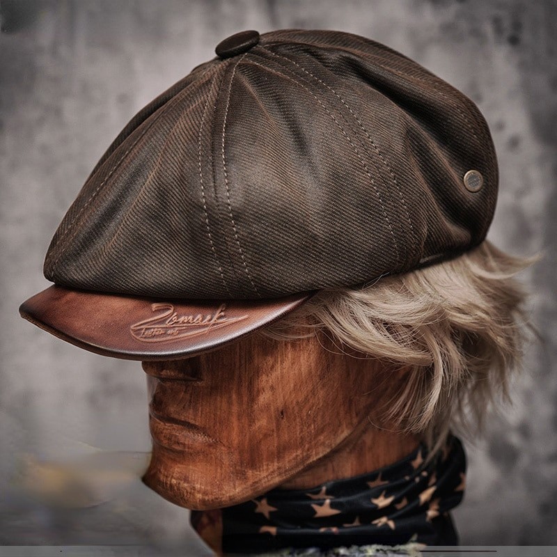Men's Newsboy Hat Oil-waxed Canvas Leather Handmade Desinger Vintage Berets Painter Octagonal Cap Unisex Four Seasons